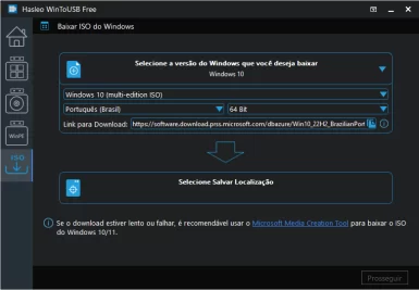 Captura de tela do WinToUSB mostrando a opção para baixar uma ISO do Windows.