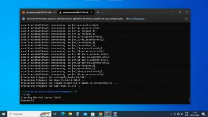 Captura de tela do terminal de comandos da Microsoft rodando no Windows 10 em janela. Estão abertas duas distribuições duas linhas de comando do Linux como demonstração do WSL: são elas o Kali Linux e o Ubuntu. A linha de comando aberta é a da Kali Linux e está mostrando sua tela de entrada pedindo a senha para entrar na interface do Kali Linux.