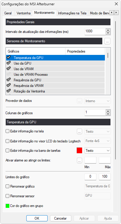 Configuracoes Monitoracao MSI Afterburner captura de tela 1