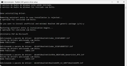 Captura de tela que mostra o processo de instalação do Realtek Universal Audio Drivers que se dá pelo CMD do Windows.