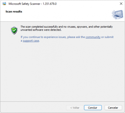 Captura de tela demonstrativa do Verificador de Segurança da Microsoft mostrando sua tela ao final do escaneamento.