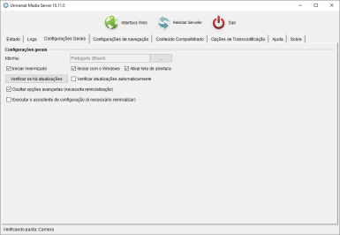 Captura de tela do Universal Media Server que mostra as opções disponíveis dentro da aba 