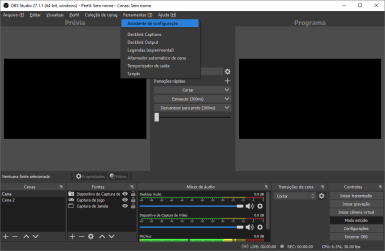 Captura de tela do OBS Studio com o destaque para a opção do Assistente de configuração.