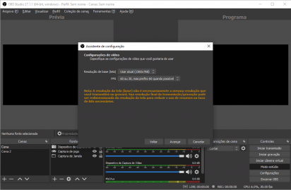 Captura de tela do OBS Studio com o menu do Assistente de configuração aberto nas opções de resolução de tela e FPS.