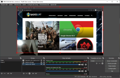Captura de tela exemplo do OBS Studio que mostra um usuário parecendo junto em sobreposição com o site baixesoft no fundo.