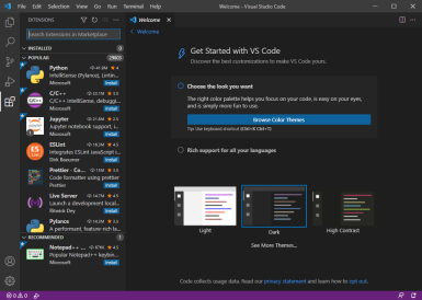 Captura de tela demonstrativa de uso do Visual Studio Code mostrando sua tela inicial de uso e também algumas linguagens instaladas.