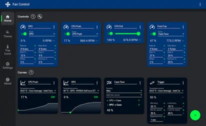 Captura de tela demonstrativa do Fan Control com um painel abrangente de monitoração montado. mostra gráficos da CPU e GPU bem como opções de controle para o sistema de refrigeração dos componentes. O programa está aberto no seu menu 