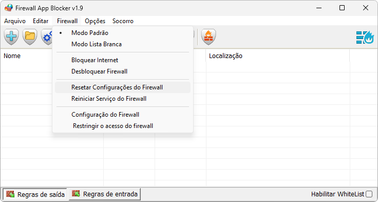 Firewall App Blocker captura de tela demonstrativa das opcoes do menu Firewall
