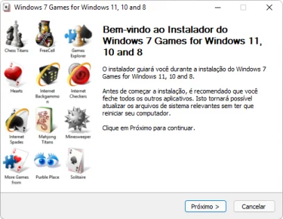 Captura de tela demonstrativa do instalador do jogos clássicos do Windows 7.