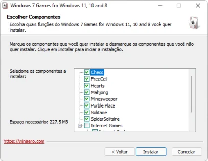 Captura de tela demonstrativa do instalador do jogos clássicos do Windows 7, mostrando as opções de jogos disponíveis para instalação.