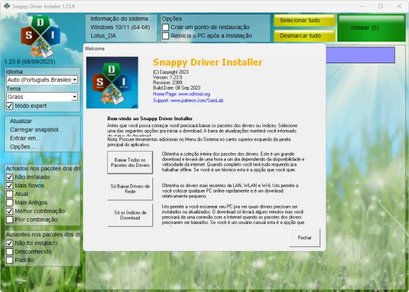 Snappy Driver Installer captura de tela demo da tela de boas vindas baixesoft