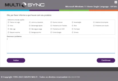 Captura de tela demonstrativa do MultiSync em sua segunda tela do assistente de reparou/atualização. A captura mostra todas as opções disponíveis de motivo para reparo ou atualização. As opções mostram 