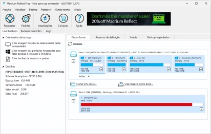 Captura de tela do macrium reflect mostrando sua interface principal com 2 hds conectados. Um deles é o HD principal do sistema, outro é um hd externo.