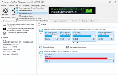 Captura de tela do macrium reflect mostrando o menu 