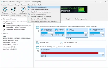 Captura de tela do macrium reflect mostrando o menu 