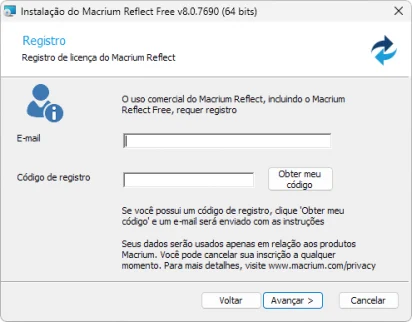 Tela de registro que é exibido durante o processo de instalação do macrium reflect free.