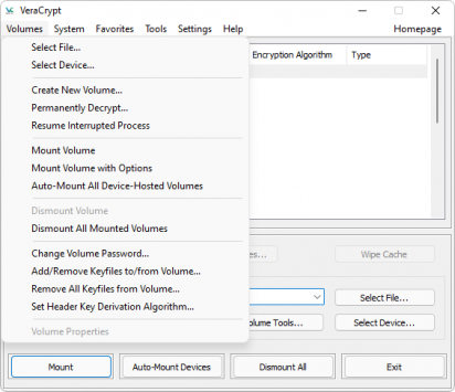 Captura da tela inicial do VeraCrypt com seu menu 