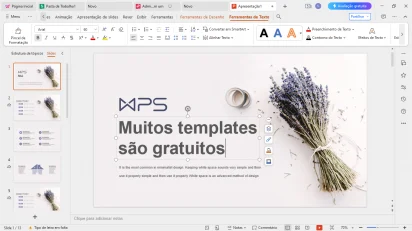 Captura de tela demonstrativa do WPS Office mostrando uma planilha modelo aberta. A captura mostra as opções disponíveis do programa para editar a planilha. A aba selecionada dessas ferramentas na captura é a 