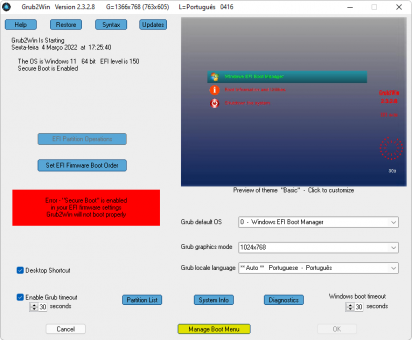 Captura de tela do Grub2Win que mostra sua interface principal de opções.