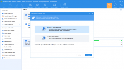 Captura de tela demonstrativa do AOMEI Partition Assistant mostrando a tela inicial do assistente de clonagem de disco.