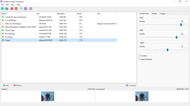 Captura de tela do Caesium. Ela mostra várias imagens carregadas ao programa bem como seu painel de opções para compressão.