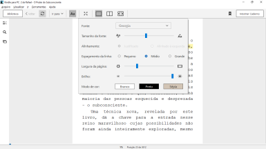 Captura de tela demonstrativa do Kindle mostrando uma interface de leitura de exemplo de um livro. A captura destaca as opções de manipulação da visualização onde é possível mudar a fonte, o tamanho da fonte, o alinhamento, a largura da página, o modo de cor, entre outras, exatamente como é possível no aparelho Kindle.