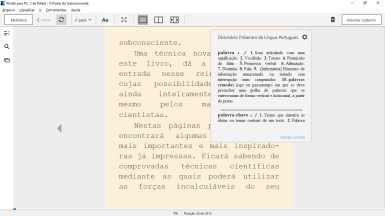 Captura de tela demonstrativa do Kindle mostrando uma interface de leitura de exemplo de um livro. A interface de leitura nesse caso foi modificada. A captura também um exemplo de uso do dicionário na interface de leitura diretamente.