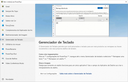 Captura de tela do Microsoft PowerToys na interface de explicação do bem-vindo aos powertoys mostrando a demonstração da opção 