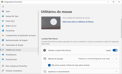 Captura de tela do Microsoft PowerToys na opção 