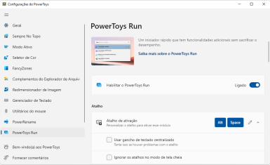 Captura de tela do Microsoft PowerToys na opção 