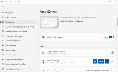 Captura de tela do Microsoft PowerToys na opção 