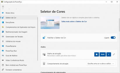 Captura de tela do Microsoft PowerToys na opção 