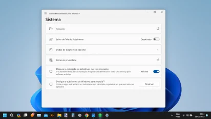 Interface de apresentação do WSA assim que aberto no Windows 11. Ele mostra as opções do menu inicial que é aberto que é o 