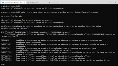 Captura de tela demonstrativa do Windows Terminal com a aba do PowerShell aberta rodando o comando sfc.