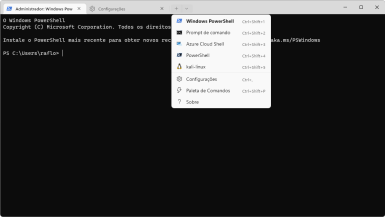 Captura de tela demonstrativa do Windows Terminal mostrando o destaque para as opções de abrir uma nova aba com uma nova linha do comandos. Na captura estão listados o PowerShell, o Prompt de comando, o Azure Cloud Shell e o kali-linux.