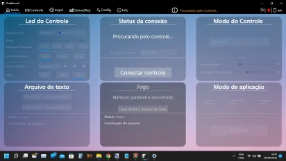 Captura de tela do DualSenseX em sua tela inicial que traz opções como de conectar controle, entre outras.