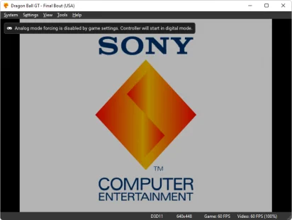 Captura de tela demonstrativa do DuckStation mostrando a tela inicial da emulação, que é a clássica primeira tela branca da SONY do PS1.