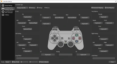 Captura de tela demonstrativa do DuckStation mostrando sua tela de configuração do gamepad.