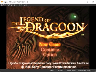 Captura de tela demonstrativa do DuckStation mostrando um jogo efetivamente carregado. O jogo é o Legend of the dragoon em sua tela inicial.
