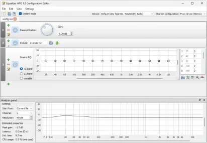 Captura de tela demonstrativa do Equalizer APO em sua tela de configuração e edição.