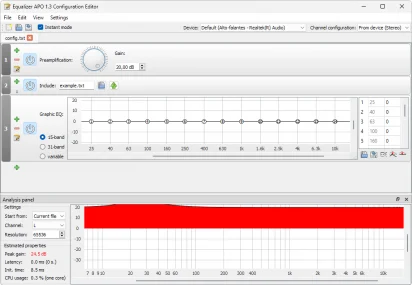 Captura de tela demonstrativa do Equalizer APO em sua tela de configuração e edição mostrando suas opções em interface.