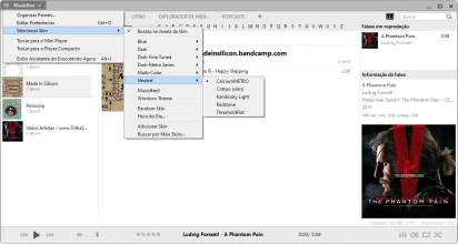 Opções do musicbee que destaca como é possível alterar as skins/temas do programa.