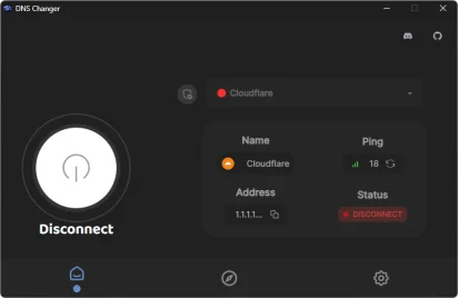 Captura de tela demonstrativa do DNS Changer em sua tela inicial. Ela mostra que o programa não está ativo no sistema ainda, mas o servidor de DNS foi selecionado, sendo o do Clouflare com 18 de ping.