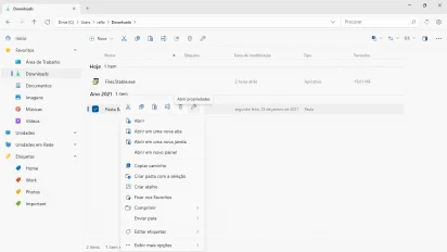 Captura de tela do files com destaque para o menu de contexto que é aberto ao se clicar com o botão direito do mouse sobre uma pasta. Ele abre um menu de contexto no qual estão disponíveis várias opções.