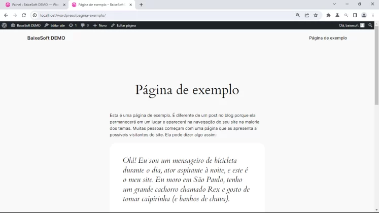 Captura de tela exemplo de um site em WordPress feito no WampServer. A tela mostra uma página exemplo no site.