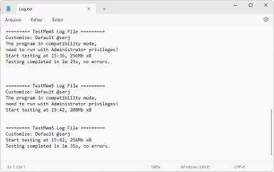 Captura de tela demonstrativa do arquivo de log do TestMem5.