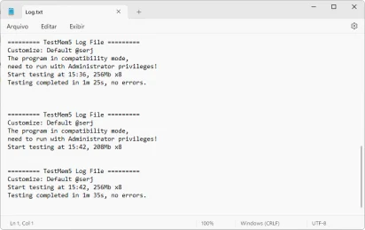 Captura de tela demonstrativa do arquivo de log do TestMem5.