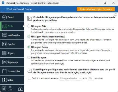 Captura de tela demonstrativa do Windows Firewall Control mostrando seu menu 