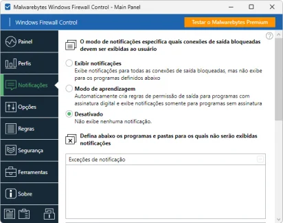 Captura de tela demonstrativa do Windows Firewall Control mostrando seu menu 