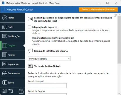 Captura de tela demonstrativa do Windows Firewall Control mostrando seu menu 